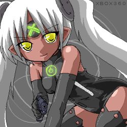 Rule 34 | dark skin, eyebrows, game console, gun, lowres, pointy ears, silver hair, weapon, xbox, xbox 360, yellow eyes