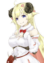 Rule 34 | 1girl, ahoge, animal ears, atplus4696, belt, belt pouch, blonde hair, blue eyes, bow, bowtie, breasts, brooch, cape, closed mouth, commentary, cowboy shot, detached sleeves, dress, fur-trimmed dress, fur trim, hair ornament, hairclip, hand on own chest, hololive, horns, jewelry, long hair, looking at viewer, medium breasts, pink cape, pouch, red bow, red bowtie, sheep ears, sheep horns, simple background, smile, solo, tsunomaki watame, tsunomaki watame (1st costume), virtual youtuber, white background, white dress, wool