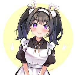 Rule 34 | 1girl, apron, black dress, black hair, blush, bow, bowtie, breasts, closed mouth, dress, dutch angle, hair intakes, hair ornament, highres, long hair, looking at viewer, maid, maid apron, medium breasts, original, puffy short sleeves, puffy sleeves, purple eyes, rabbit hair ornament, sasha chii, short sleeves, simple background, smile, solo, twintails, two-tone background, upper body, v arms, white apron, white background, yellow background, yellow bow, yellow bowtie