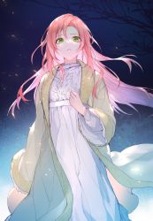 Rule 34 | 1girl, achan (blue semi), bare tree, blue background, coat, dress, feet out of frame, floating hair, green eyes, hand up, highres, long sleeves, looking at viewer, looking down, night, parted lips, pink hair, shuri von neuschwanstein, sleepwear, solo, standing, the fantasie of a stepmother, tree, white dress, wide sleeves