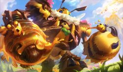 Rule 34 | absurdres, bee, bee wings, beezcrank, blitzcrank, blue sky, bug, cloud, flower, grass, highres, honey, insect, league of legends, mountain, official alternate costume, official art, outdoors, pink flower, robot, sky, solo, standing, tree