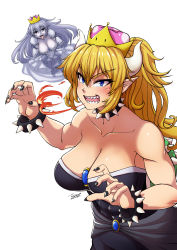 Rule 34 | 2girls, absurdres, armlet, black eyes, black nails, blonde hair, blue eyes, bowsette, bracelet, breasts, chanakim, cleavage, collar, commentary request, crown, dress, gloves, highres, horns, jewelry, large breasts, long hair, looking at viewer, luigi&#039;s mansion, mario (series), multiple girls, nail polish, new super mario bros. u deluxe, nintendo, pale skin, pointy ears, ponytail, princess king boo, puffy short sleeves, puffy sleeves, sharp teeth, short sleeves, signature, simple background, spiked armlet, spiked bracelet, spiked collar, spikes, super crown, teeth, tongue, tongue out, white background, white dress, white gloves
