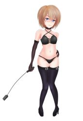 Rule 34 | 1girl, absurdres, alternate costume, bad id, bad pixiv id, bare shoulders, bdsm, black bra, black choker, black panties, black thighhighs, blanc (neptunia), blue eyes, bra, breasts, brown hair, choker, cleavage, collarbone, criss-cross halter, elbow gloves, evil smile, full body, gloves, groin, hair between eyes, halterneck, hand on own hip, high heels, highres, leather, looking at viewer, navel, neptune (series), panties, revealing clothes, shaded face, small breasts, smile, solo, thigh gap, thighhighs, transparent background, underwear, whip