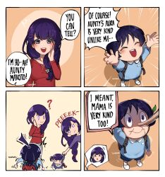 Rule 34 | !, +++, 1boy, 3girls, 4koma, ?, ^^^, ^ ^, absurdres, alternate costume, arms up, artist name, aunt and nephew, baby, bag, bib, brother and sister, character request, closed eyes, comic, commentary, emphasis lines, english commentary, english text, false smile, genshin impact, happy, highres, kindergarten uniform, liar, lies, long hair, long nose, makoto (genshin impact), mole, mole under eye, mother and daughter, mother and son, multiple girls, pinocchio, purple eyes, purple hair, raiden shogun, scaramouche (genshin impact), school bag, shaded face, siblings, sisters, smile, spider-man, spoken character, sweat, sweatdrop, nervous sweating, trembling, wokiiarts