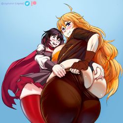 Rule 34 | 2girls, ahoge, artist name, ass, ass grab, black hair, black panties, blonde hair, blue background, blush, breasts, cape, cigmaier, clothes pull, drooling, fingerless gloves, gloves, gradient hair, grey eyes, highres, huge ass, incest, large breasts, long hair, multicolored hair, multiple girls, panties, pants, pants pull, pout, red cape, red hair, ruby rose, rwby, short hair, siblings, sisters, skirt, smile, thick thighs, thighhighs, thighs, underwear, yang xiao long, yuri