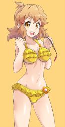 Rule 34 | 1girl, bikini, breasts, brown hair, clenched hands, commentary request, contrapposto, frilled bikini, frills, jewelry, looking at viewer, medium breasts, mutsuki riichi, necklace, open mouth, orange eyes, purple eyes, purple hair, senki zesshou symphogear, short hair, simple background, solo, swimsuit, tachibana hibiki (symphogear), yellow background, yellow bikini