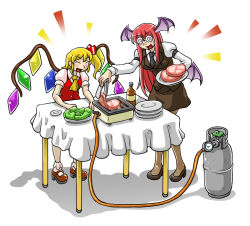 Rule 34 | 2girls, bat wings, bespectacled, bottle, closed eyes, commentary request, flandre scarlet, food, gas tank, glasses, h.dupp (nama aakiruu), head wings, koakuma, meat, multiple girls, pantyhose, plate, salad, side ponytail, simple background, stove, table, touhou, wings
