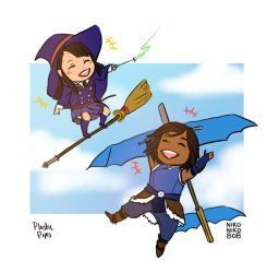 Rule 34 | 2girls, arm warmers, arms up, asymmetrical hair, avatar: the last airbender, avatar legends, blue shirt, blue sky, boots, broom, brown footwear, brown hair, closed eyes, crossover, dark-skinned female, dark skin, female focus, flying, fur, fur trim, hat, holding, holding wand, kagari atsuko, korra, little witch academia, long hair, miniskirt, multiple girls, nikoniko808, open mouth, outdoors, overskirt, pants, plastic pipes, shirt, short hair, skirt, sky, sleeveless, sleeveless shirt, smile, swept bangs, the legend of korra, wand, witch, witch hat