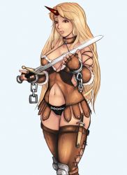 Rule 34 | 1girl, 34no404, abs, armor, bikini armor, black panties, blonde hair, breasts, broken, broken weapon, brown gloves, brown thighhighs, cameltoe, cleft of venus, cowboy shot, cuffs, dagger, damaged, fantasy, faulds, female focus, fingerless gloves, gloves, grimace, horns, hoshiguma yuugi, knife, lace-up thighhighs, large breasts, long hair, navel, panties, red eyes, revealing clothes, shackles, sideboob, simple background, single horn, solo, star (symbol), sword, thighhighs, toned, touhou, underwear, weapon, white background