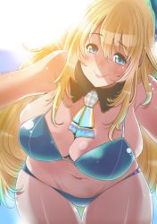 Rule 34 | 10s, 1girl, atago (cruiser), atago (kancolle), bent over, beret, bikini, blonde hair, blue eyes, blush, breasts, curvy, female focus, hat, kantai collection, large breasts, leaning forward, long hair, looking at viewer, perepere-kun, smile, solo, swimsuit, wide hips