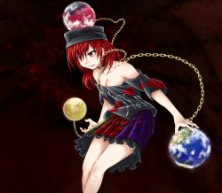 Rule 34 | 1girl, ball and chain restraint, bare shoulders, breasts, chain, cleavage, clothes writing, frilled skirt, frills, hat, hecatia lapislazuli, kanimiso, multicolored clothes, multicolored skirt, off-shoulder shirt, off shoulder, red hair, shirt, simple background, skirt, small breasts, smile, solo, t-shirt, touhou