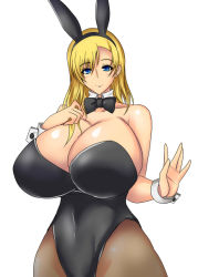 Rule 34 | 1girl, animal costume, animal ears, bare shoulders, blonde hair, blue eyes, breasts, cleavage, fake animal ears, female focus, gigantic breasts, leotard, long hair, pantyhose, playboy bunny, rabbit ears, simple background, solo, standing, umino mokuzu (a4 size), white background