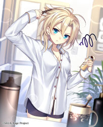 Rule 34 | 1girl, ange vierge, bad id, bad pixiv id, blonde hair, blue eyes, breasts, brushing hair, cleavage, closed mouth, collarbone, comb, company name, copyright name, hair spray, hayamiya, looking at viewer, medium breasts, official art, pout, short hair, solo, standing, toothbrush