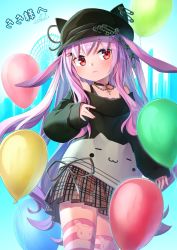 Rule 34 | 1girl, :&lt;, animal ears, balloon, female focus, hair ornament, hairclip, hat, highres, long hair, mitake eil, original, pink hair, rabbit ears, red eyes, safety pin, skirt, sleeves past wrists, solo, striped clothes, striped thighhighs, thighhighs