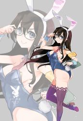 Rule 34 | 1girl, :&gt;, adjusting eyewear, ajino (sakanahen), alternate costume, animal ears, arm up, armband, artist name, ass, bare shoulders, black-framed eyewear, black footwear, blue eyes, blue leotard, breasts, brown hair, cleavage, clipboard, closed mouth, commentary request, dated, detached collar, fake animal ears, fake tail, glasses, grey background, hairband, high heels, highres, holding, kantai collection, leg up, leotard, long hair, medium breasts, ooyodo (kancolle), playboy bunny, purple thighhighs, rabbit ears, rabbit tail, semi-rimless eyewear, simple background, smile, smug, solo, standing, standing on one leg, strapless, strapless leotard, tail, thighhighs, twisted torso, under-rim eyewear, v-shaped eyebrows, very long hair, white hairband, wrist cuffs, zoom layer