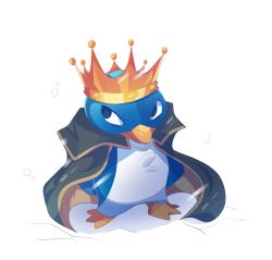 Rule 34 | bird, black coat, blue eyes, cape, coat, commentary, crown, english commentary, full body, highres, king, king penguin (mario), mario (series), nintendo, no humans, penguin, playcenter, simple background, solo, standing, the super mario bros. movie, white background