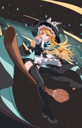 Rule 34 | 1girl, akatsuki records, blonde hair, bow, braid, broom, broom riding, detached sleeves, garter straps, hair bow, hat, highres, holding, holding clothes, holding hat, kirisame marisa, looking at viewer, nukekip, pixel art, single braid, sky, star (sky), starry sky, touhou, yellow eyes