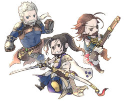 Rule 34 | 3boys, beard, blank eyes, brown hair, chibi, eugen (granblue fantasy), eyepatch, facial hair, frown, full body, granblue fantasy, grin, holding, holding sword, holding weapon, jin (granblue fantasy), long hair, male focus, mature male, medium hair, multiple boys, muscular, muscular male, mustache, norazo, ponytail, shirt, shoes, smile, soriz, sword, tight clothes, tight shirt, weapon, white background, white hair