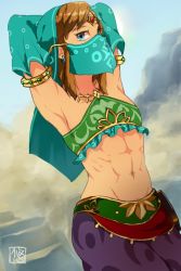 Rule 34 | 1boy, abs, armpits, arms behind head, blonde hair, blue eyes, crossdressing, detached sleeves, gerudo set (zelda), haru3201, highres, link, looking at viewer, male focus, mouth veil, navel, nintendo, official alternate costume, pointy ears, solo, stomach, the legend of zelda, the legend of zelda: breath of the wild, toned, toned male, trap, veil