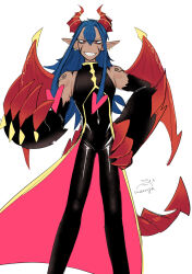 Rule 34 | 1boy, absurdres, black bodysuit, blue hair, bodysuit, cape, claws, commentary request, covered navel, dark-skinned male, dark blue hair, dark skin, demon king (wenyu), dragon boy, dragon horns, dragon tail, dragon wings, earrings, evil smile, facial mark, feet out of frame, fingernails, furrowed brow, hair between eyes, hand on own hip, hand up, highres, horns, jewelry, legs apart, long hair, looking at viewer, male focus, multicolored hair, original, pink cape, pink hair, pointy ears, pointy tail, red claws, red eyes, red horns, red tail, red wings, sharp fingernails, shiny clothes, shoulder tattoo, sidelocks, simple background, smile, standing, tail, tattoo, teeth, two-tone hair, wenyu, white background, wings, yellow trim