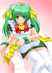 Rule 34 | 1girl, apron, arm support, bow, frilled apron, frills, green eyes, green hair, hair ribbon, kotobuki utage, long hair, maid, maid apron, matching hair/eyes, melon-chan, melonbooks, puffy sleeves, ribbon, short sleeves, sitting, solo, thighhighs, twintails, white thighhighs, wrist cuffs, yellow bow