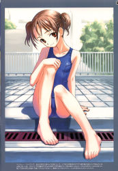 Rule 34 | 1girl, artbook, barefoot, brown hair, collarbone, day, feet, foreshortening, greek toe, hand on own knee, matsuryuu, one-piece swimsuit, original, outdoors, petite, pool, poolside, red eyes, scan, school swimsuit, short twintails, sitting, smile, solo, source request, swimsuit, toes, twintails