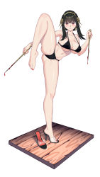 Rule 34 | 1girl, absurdres, ass, bare shoulders, bikini, black bikini, black footwear, black hair, blood, bloody weapon, board, breasts, choker, cleavage, collarbone, dagger, dress, dripping, earrings, full body, gold hairband, hairband, high heels, highres, holding, holding weapon, jewelry, knee up, knife, large breasts, long hair, looking at viewer, midriff, nail polish, navel, open mouth, red eyes, red nails, shiny skin, sidelocks, signature, simple background, solo, split, spy x family, standing, standing on one leg, stiletto (weapon), stomach, swimsuit, thighs, weapon, white background, xiaoxi0619, yor briar