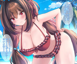 Rule 34 | 1girl, alternate hairstyle, animal ears, beach, bent over, blurry, blurry background, breasts, brown hair, cleavage, cloud, collarbone, commentary request, daiwa scarlet (umamusume), fang, hair ornament, horse ears, horse girl, horse tail, large breasts, liukensama, long hair, low twintails, navel, ocean, open mouth, palm tree, red eyes, sky, solo, swimsuit, tail, translation request, tree, twintails, umamusume