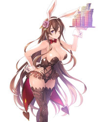 Rule 34 | 1girl, animal ears, bare shoulders, breasts, brown hair, card, cleavage, fake animal ears, flower, granblue fantasy, hair between eyes, hair flower, hair ornament, highres, large breasts, leaf, leotard, long hair, looking at viewer, low twintails, mizuno sao, navel, one eye closed, playboy bunny, pointy ears, purple eyes, rabbit ears, rose, rosetta (all her jazz) (granblue fantasy), rosetta (granblue fantasy), simple background, smile, solo, thighhighs, twintails, very long hair, white background