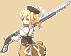 Rule 34 | 10s, 1girl, bad id, bad pixiv id, blonde hair, drill hair, fingerless gloves, from behind, gloves, gun, hat, long hair, magical girl, magical musket, mahou shoujo madoka magica, mahou shoujo madoka magica (anime), rifle, simple background, solo, tamute (2580rs), tomoe mami, tomoe mami (magical girl), twin drills, twintails, weapon, yellow eyes