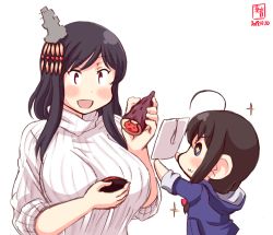 Rule 34 | + +, 2girls, :3, aged down, ahoge, alternate costume, artist logo, black hair, blue eyes, blue hoodie, blush, bow, braid, breasts, brown hair, child, dated, food, hair bow, hair ornament, highres, hood, hood down, hoodie, kanon (kurogane knights), kantai collection, large breasts, long sleeves, multiple girls, open mouth, paper, red bow, red eyes, ribbed sweater, shigure (kancolle), signature, simple background, single braid, sleeves rolled up, smile, sparkle, stamp, sweater, sweet potato, symbol-shaped pupils, turtleneck, turtleneck sweater, white background, white sweater, yamashiro (kancolle)