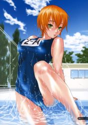Rule 34 | 1girl, blush, breasts, cameltoe, chain-link fence, day, covered erect nipples, fence, green eyes, highres, lips, looking at viewer, medium breasts, one-piece swimsuit, orange hair, outdoors, parted lips, pool, poolside, school swimsuit, short hair, skin tight, sky, solo, splashing, swimsuit, tree, wet, yonekura kengo