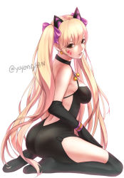 Rule 34 | 1girl, adapted costume, animal ears, bad id, bad pixiv id, bare shoulders, black cat d.va, black dress, black gloves, black thighhighs, blonde hair, bow, breasts, brown eyes, cat ears, commentary, d.va (overwatch), dress, earrings, elbow gloves, english commentary, facepaint, facial mark, from side, full body, gloves, hair bow, heart, heart earrings, highres, jewelry, light smile, long hair, looking at viewer, looking to the side, medium breasts, official alternate costume, overwatch, overwatch 1, parted lips, pink bow, pink lips, seiza, simple background, sitting, sleeveless, sleeveless dress, solo, thighhighs, twintails, twitter username, very long hair, whisker markings, yoyongsan