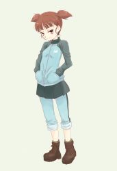 Rule 34 | 10s, 1girl, brown eyes, brown hair, girls und panzer, hands in pockets, highres, jacket, looking at viewer, mikko (girls und panzer), military, military uniform, pants, pants rolled up, pants under skirt, school uniform, short hair, simple background, smile, solo, takahashi mugi, track jacket, track pants, twintails, uniform