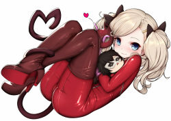 Rule 34 | 10s, 1girl, ass, black bow, black hair, blonde hair, blue eyes, blush, bodysuit, boots, bow, brown footwear, crossed legs, doll, domino mask, earrings, gloves, hair bow, heart, high heel boots, high heels, highres, holding, jewelry, kiyomasa ren, knees to chest, looking at viewer, lying, mask, unworn mask, on back, persona, persona 5, pink gloves, red bodysuit, simple background, smile, solo, tail, takamaki anne, thigh boots, thighhighs, twintails, white background, zipper