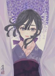 Rule 34 | 1girl, animal print, black hair, braid, butterfly print, closed mouth, commentary request, crown braid, curtain grab, curtains, floating hair, floral print, flower, hair between eyes, hair ribbon, highres, japanese clothes, kimono, long hair, looking at viewer, obi, obiage, obijime, original, print kimono, print sash, purple flower, purple kimono, purple ribbon, purple sash, ribbon, sash, seal impression, signature, solo, standing, upper body, ushiyama ame, wisteria