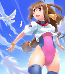 Rule 34 | 1990s (style), 1girl, battle athletes, bird, brown hair, day, feathers, hair ribbon, kanzaki akari, leotard, long hair, low-tied long hair, nilitsu, one-piece swimsuit, open mouth, red eyes, retro artstyle, ribbon, sky, solo, swimsuit, swimsuit under clothes, thighhighs