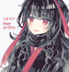 Rule 34 | 1girl, 2018, azami (kagerou project), black dress, black hair, black scarf, blurry, commentary, curly hair, dated, dress, hair ribbon, happy birthday, japanese clothes, kagerou project, long hair, looking at viewer, muuta04, open mouth, red eyes, red ribbon, ribbon, scales, scarf, simple background, smile, solo, upper body, white background
