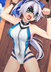 Rule 34 | 1girl, bdsm, blue bow, blue one-piece swimsuit, blush, bondage, bound, bound wrists, bow, breasts, competition swimsuit, fate/grand order, fate (series), hair bow, head-mounted display, headset, highleg, highleg swimsuit, large breasts, long hair, multicolored clothes, multicolored swimsuit, one-piece swimsuit, open mouth, ponytail, pussy juice, restrained, solo, swimsuit, tech control, tinted eyewear, tomoe gozen (fate), tomoe gozen (swimsuit saber) (fate), tomoe gozen (swimsuit saber) (first ascension) (fate), trembling, visor, vr visor, white hair, white one-piece swimsuit, yasume yukito
