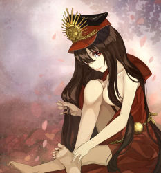 Rule 34 | 1girl, bad anatomy, bad feet, bad id, bad pixiv id, barefoot, black hair, breasts, brown hair, cape, cleavage, crest, family crest, fate/grand order, fate (series), feet, hair censor, hair over breasts, hat, highres, knee to chest, knee up, koha-ace, long hair, looking at viewer, medea@nae, naked cape, oda nobunaga (fate), oda nobunaga (koha-ace), petals, poorly drawn, red eyes, revision, sitting, smile, solo