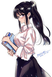 Rule 34 | 1girl, artist name, black-framed eyewear, black hair, black skirt, blush, book, breasts, buttons, collared shirt, commentary request, dated, dress shirt, glasses, himawari-san, himawari-san (character), holding, holding book, large breasts, long hair, long skirt, long sleeves, looking at viewer, parted lips, ponytail, purple eyes, shirt, shirt tucked in, sidelocks, sideways glance, signature, simple background, skirt, sleeves pushed up, solo, standing, sugano manami, white background, white shirt