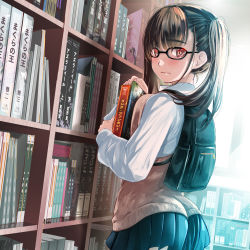 Rule 34 | 1girl, absurdres, ass, backpack, bag, black hair, black skirt, blunt bangs, blush, book, bookshelf, breast press, closed mouth, collared shirt, commentary request, glasses, highres, holding, holding book, indoors, l.f., library, looking at viewer, looking to the side, original, pleated skirt, red eyes, school uniform, shirt, skirt, solo, standing, sweater vest, twintails, uniform, white shirt