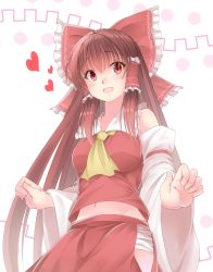 Rule 34 | 1girl, :d, ascot, blush, bow, breasts, brown hair, cowboy shot, detached sleeves, groin, hair bow, hair tubes, hakurei reimu, heart, highres, hip vent, japanese clothes, koro (tyunnkoro0902), long hair, long sleeves, looking at viewer, medium breasts, midriff peek, miko, navel, open mouth, red eyes, sidelocks, skirt, skirt set, smile, solo, touhou, white background, wide sleeves