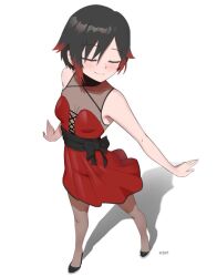 Rule 34 | 1girl, alternate costume, ar jart, artist name, bare shoulders, black hair, black sash, breasts, cleavage, closed eyes, closed mouth, commentary, dress, gradient hair, multicolored hair, pantyhose, red dress, red hair, ruby rose, rwby, sash, see-through, see-through cleavage, shadow, short hair, sleeveless, sleeveless dress, small breasts, smile, solo, symbol-only commentary, white background