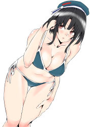 Rule 34 | 1girl, absurdres, beret, bikini, black hair, blunt bangs, breasts, cleavage, commentary request, curvy, dutch angle, green bikini, hat, highres, kantai collection, kimuwaipu, medium breasts, parted lips, red eyes, short hair, side-tie bikini bottom, simple background, solo, swimsuit, takao (kancolle), thighs, white background