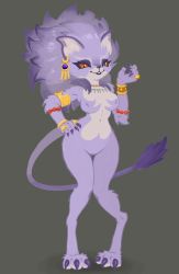 Rule 34 | 1girl, animal ears, armlet, artist request, bracelet, breasts, cat ears, cat girl, cat tail, claws, colored sclera, curvy, earrings, furry, highres, isabella (seiken densetsu 3), jewelry, naughty face, navel, necklace, no nipples, no pussy, pilz moos, purple fur, purple hair, red sclera, ring, seiken densetsu, seiken densetsu 3, slit pupils, tail