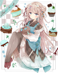 Rule 34 | 1girl, absurdres, apron, black kimono, black pantyhose, blue apron, blue eyes, blush, brown footwear, brown hair, checkered background, chocolate mint, commentary request, cupcake, double bun, food, fork, full body, hair bun, hair ornament, hairclip, highres, japanese clothes, kimono, knees up, long hair, long sleeves, looking at viewer, macaron, mint chocolate, hugging object, original, pantyhose, parted lips, shirt, shoes, skirt, solo, stuffed animal, stuffed toy, teddy bear, tsukiyo (skymint), very long hair, white shirt, white skirt