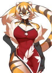 Rule 34 | 1girl, absurdres, arknights, bare shoulders, black gloves, breasts, closed mouth, curvy, dress, elbow gloves, fur-trimmed gloves, fur trim, furry, furry female, glasses, gloves, highres, large breasts, looking at viewer, mei xiang xiaojie, orange eyes, red dress, simple background, smile, solo, split mouth, standing, tail, tiger girl, tiger tail, waai fu (arknights), white background, wide hips