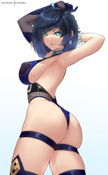 Rule 34 | 1girl, absurdres, armpits, arms behind head, arms up, ass, bare back, blue eyes, blue hair, breasts, earrings, from behind, from below, genshin impact, gloves, green eyes, highres, hioyami, huge ass, jewelry, large breasts, leotard, lipstick, looking at viewer, looking back, makeup, parted lips, shiny clothes, shiny skin, short hair, sideboob, simple background, single glove, smile, solo, thigh strap, thighhighs, thighs, twisted torso, white background, yelan (genshin impact)