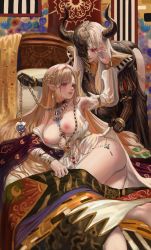Rule 34 | 2girls, absurdres, bdsm, bent over, blanket, blonde hair, breasts, chain, chain leash, collar, detached sleeves, dress, femdom, gold can, half mask, highres, holding, holding leash, horns, large breasts, leash, long hair, lying, mask, multiple girls, nipples, on side, original, parted lips, pink eyes, pointy ears, see-through, see-through sleeves, slave, white dress, white hair